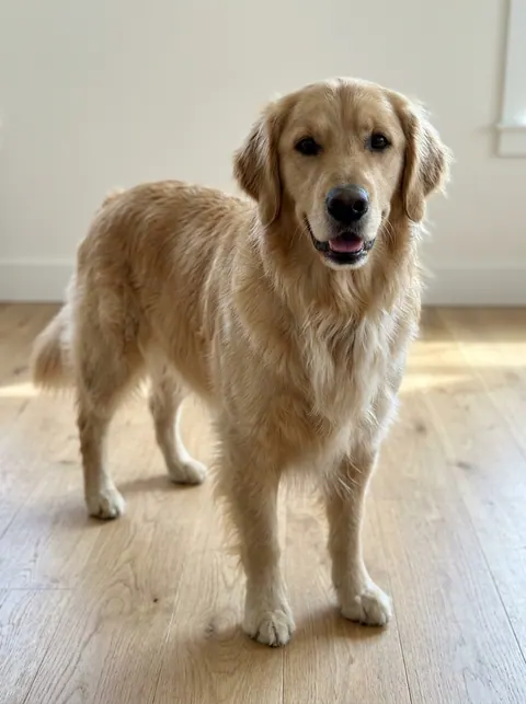 Example input: a golden retriever standing on a wooden floor