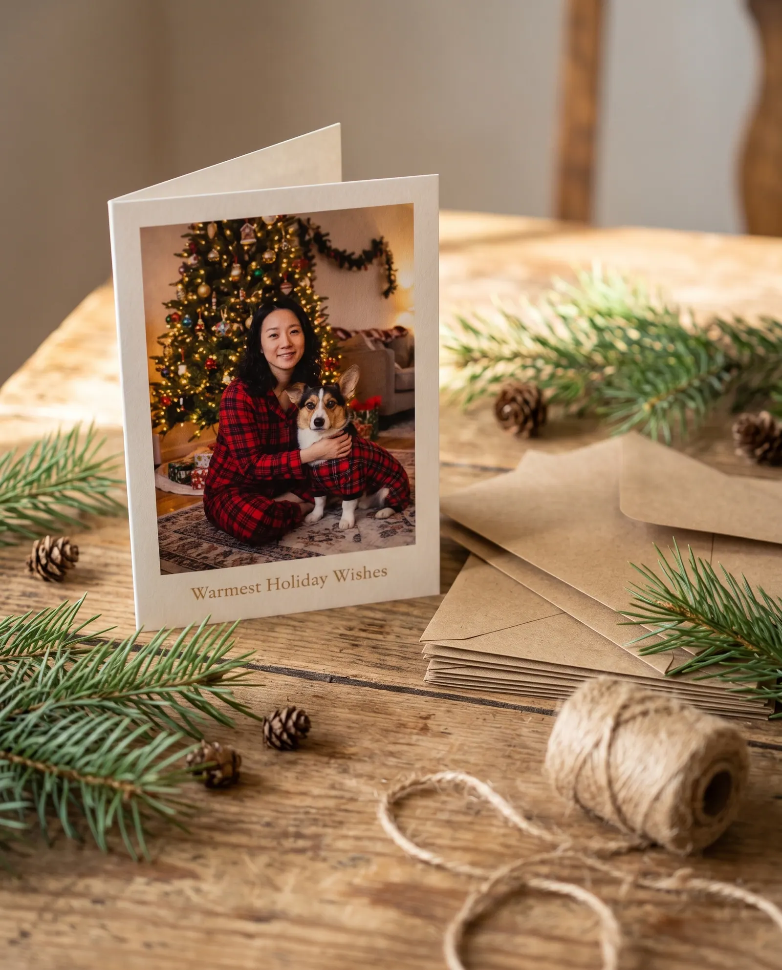 A holiday card with a woman and her corgi in plaid pajamas, next to envelopes and pine