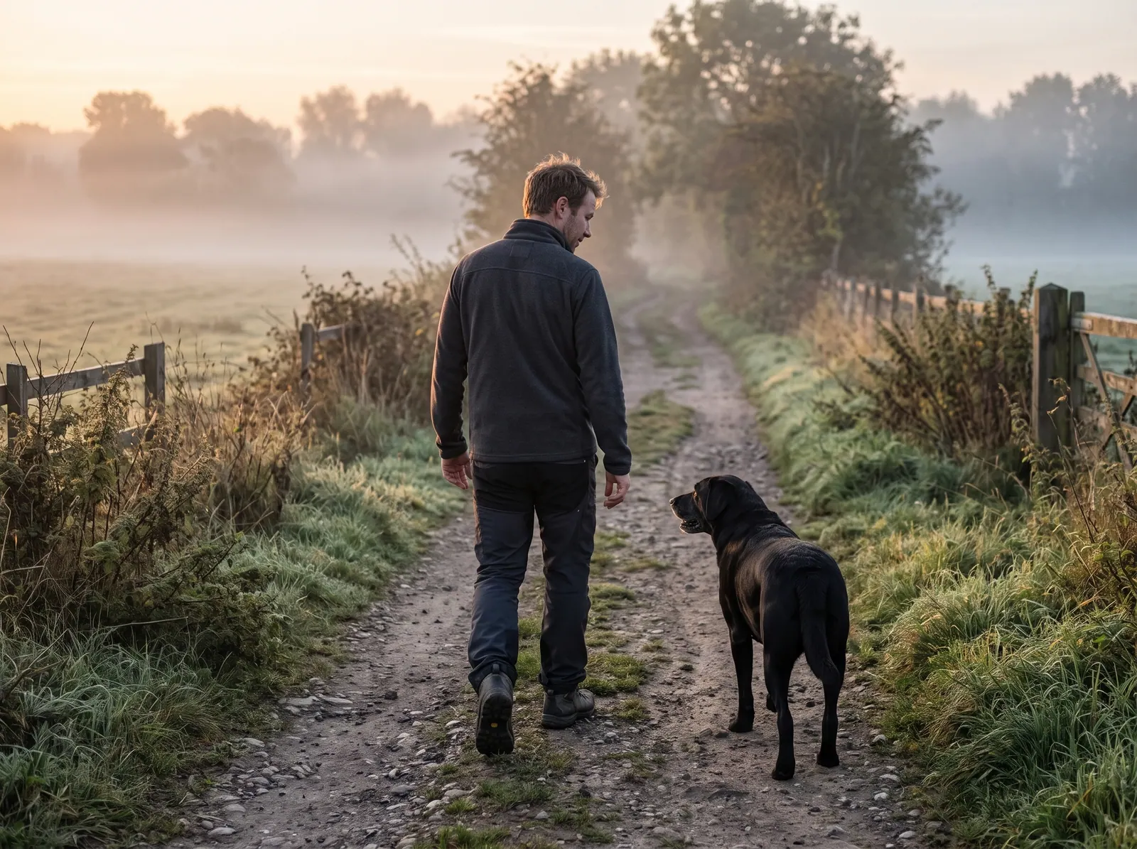 A man and his black Labrador walking away along a misty country path at dawn